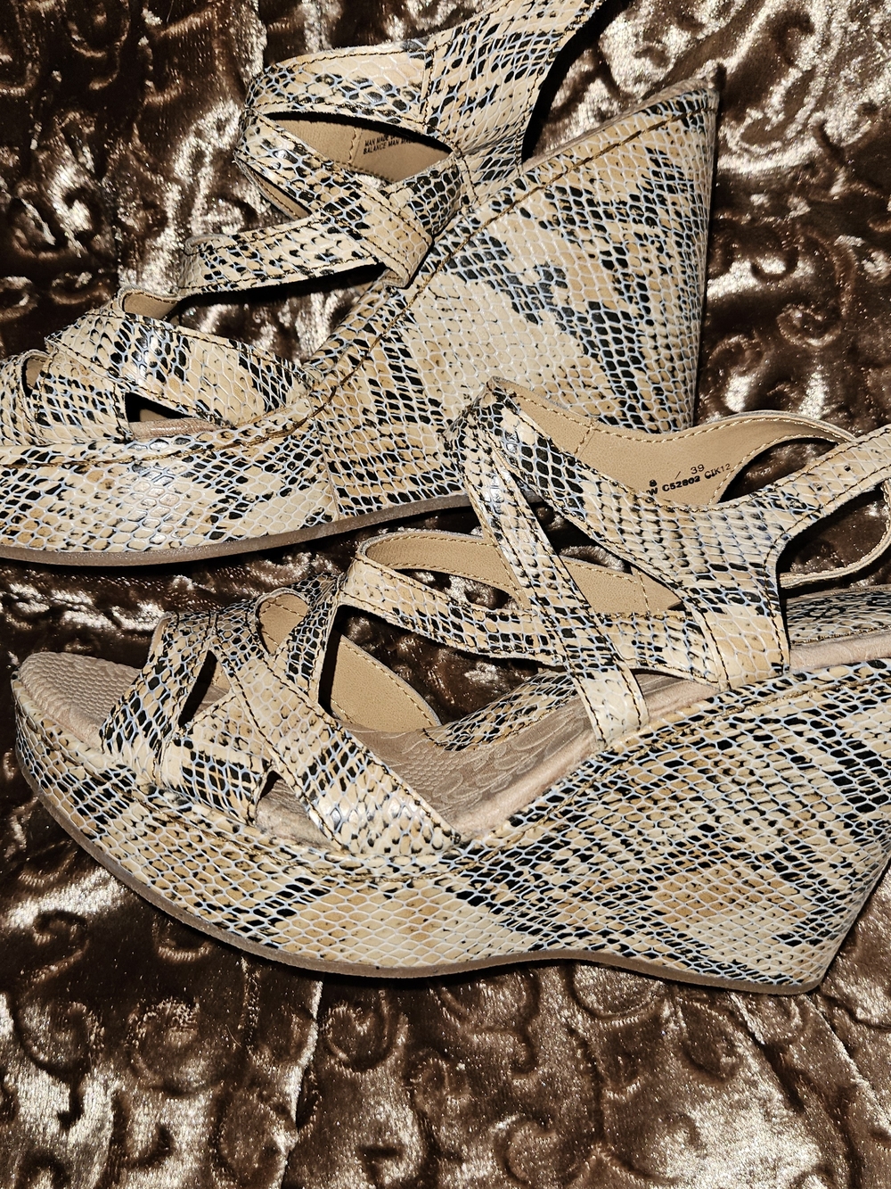 boc Beige and Black Snake-Print Wedge Sandals
